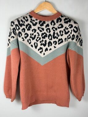 TwentyTen Womens Leopard Colorblock Sweater Small Puff Sleeve Soft Cozy Knit Top